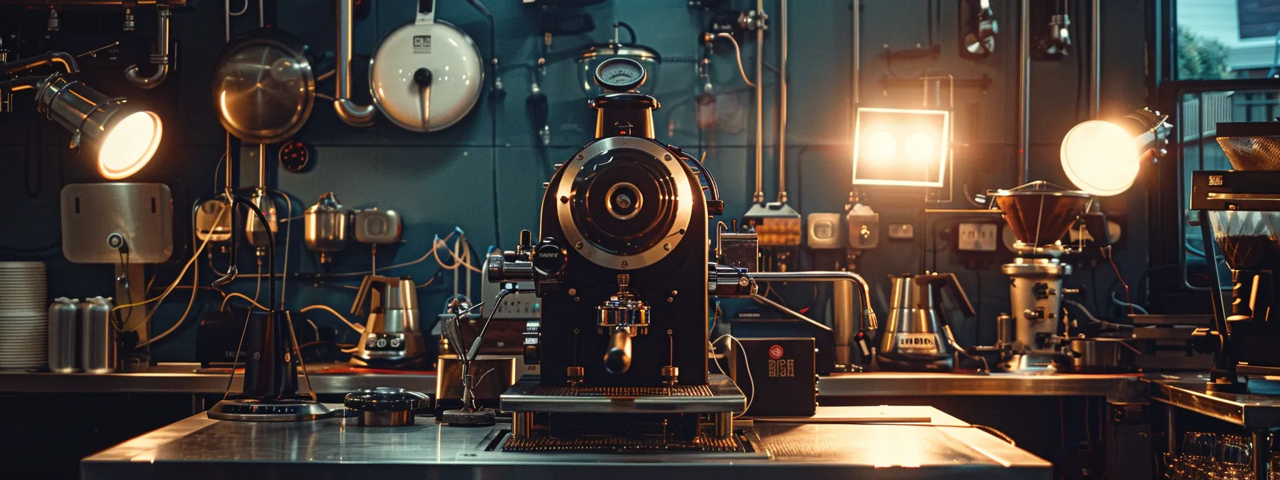 a shiny coffee roaster surrounded by a selection of essential tools and optional gadgets gleaming under bright lights.