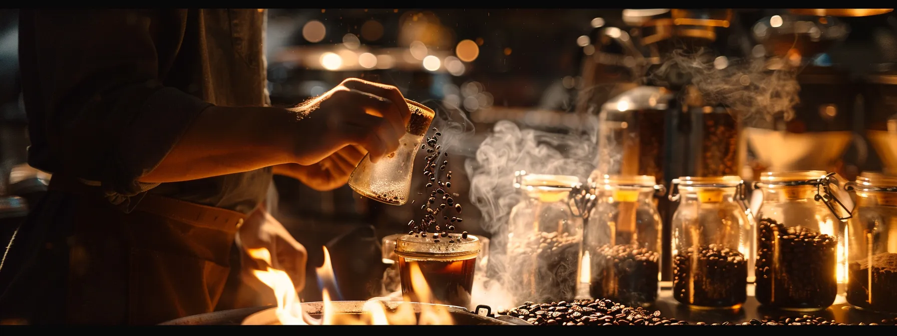 a person carefully roasting coffee beans over an open flame, surrounded by jars of different fermentation techniques, with a steaming cup of coffee nearby to enjoy the personalized, flavorful experience.