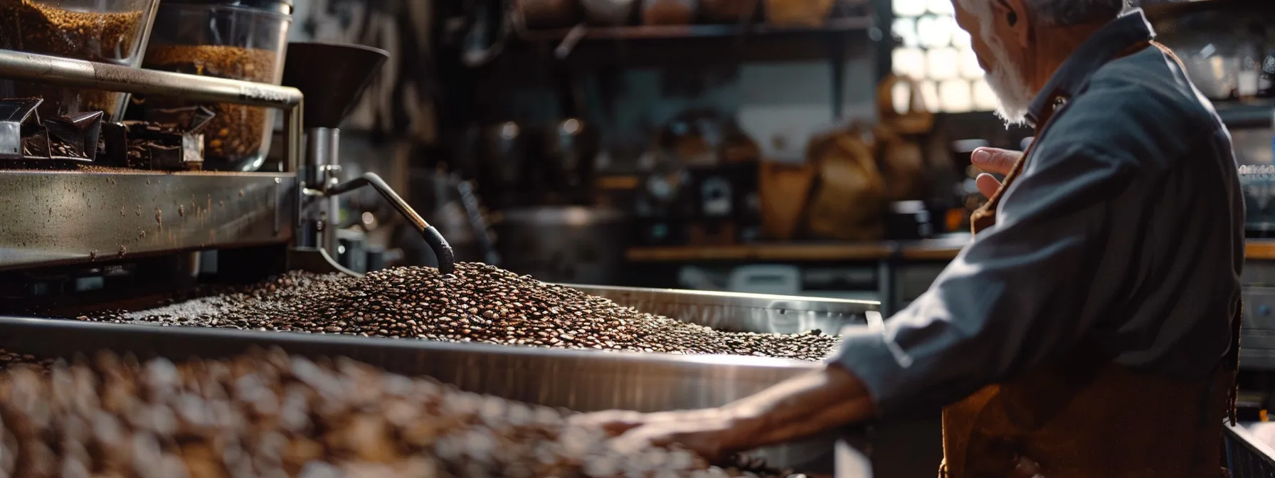 a person carefully monitoring the roasting process of coffee beans in a professional roastery.