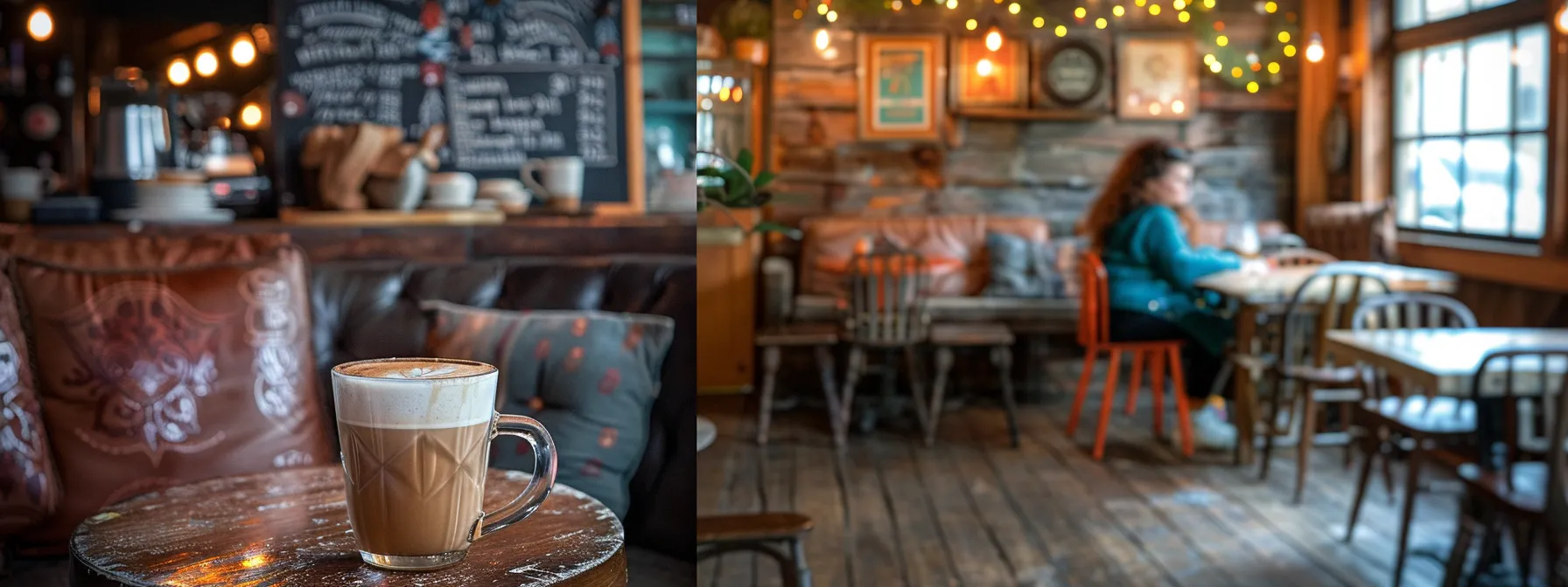 in the photo, a person sips a honey-infused latte in a cozy local coffee shop, surrounded by rustic decor and handwritten chalkboard menus.